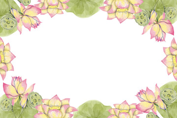 Lotus Flower Frame Horizontal Watercolor Illustration for Printing on Cards, Flyers, Leaflets, Posters, Fabric, Textiles and Social Media Post Design