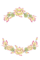 Floral Frame with Lotus Flowers and Leaves, Watercolor Illustration for Printing on Cards, Flyers, Leaflets, Posters, Fabric, Textiles and Social Media Post Design