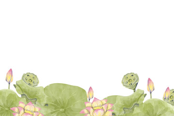 Lotus Flowers and Water Lilies Horizontal Border, Watercolor Illustration for Printing on Cards, Flyers, Leaflets, Posters, Fabric, Textiles and Social Media Post Design