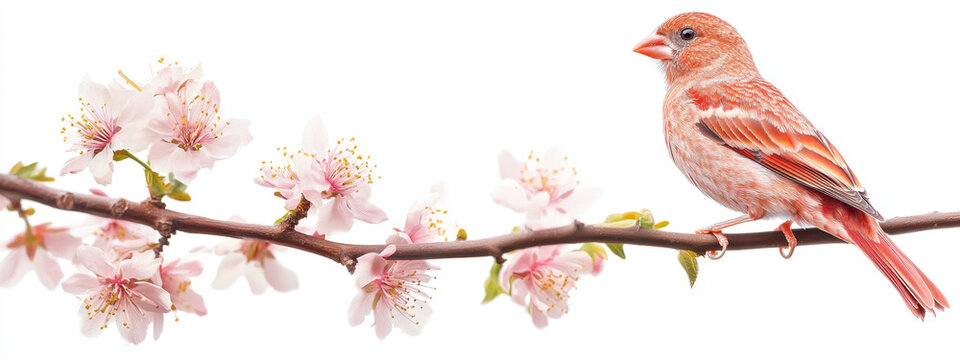 A vibrant finch perched on a blossoming cherry branch, set against a white background, highlighting the delicate pink flowers and the bird's colorful plumage.
