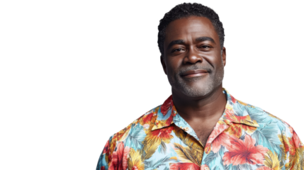 Smiling senior man wearing hawaiian shirt on transparent background