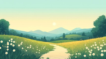Naklejka premium Pixelated Meadow Landscape at Sunrise