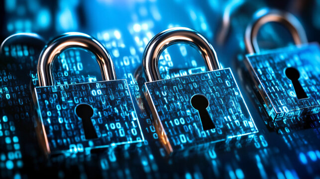 multiple glowing digital padlocks on a blue matrix background representing cybersecurity and data encryption in the modern era  
