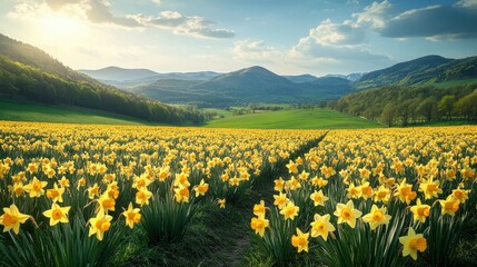 Obraz premium A scenic view of daffodil fields in full bloom on St. David's Day, with rolling green hills in the background, creating an atmosphere of spring renewal and national celebration