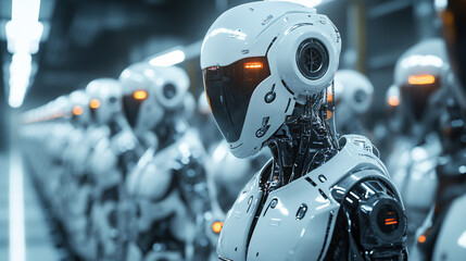 Fototapeta premium a high-tech android with a sleek visor and illuminated features standing in a futuristic assembly line of robotic units 