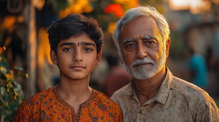 Obraz premium Young man in a traditional Indo Pak kurta standing proudly next to his father both wearing matching attire a moment of father son bonding under a warm afternoon sun in a rural village