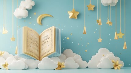 A Dreamlike Scene Featuring an Open Book Surrounded by Clouds and Stars in a Whimsical Setting