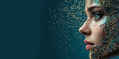 Digital transformation of human identity depicted through a futuristic girl with circuitry pattern and floating elements