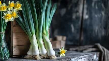 traditional Welsh leek on a rustic wooden table, surrounded by daffodils and other symbols of Wales