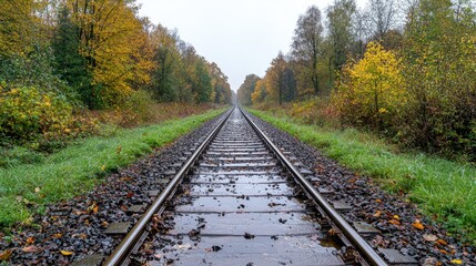 Obraz premium Autumnal train tracks vanish into misty forest
