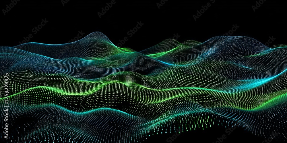 Poster Abstract digital landscape; glowing particles, dark background; tech design