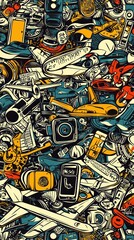 Urban collage graphic design, many objects.  Possible use  Background graphic