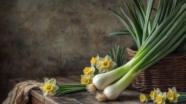 traditional Welsh leek on a rustic wooden table, surrounded by daffodils and other symbols of Wales
