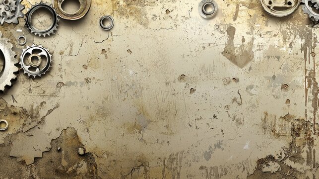 Industrial aged metal gears on distressed background. Possible stock photo use Vintage machinery design