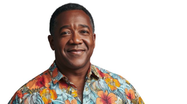 Portrait of smiling senior man wearing hawaiian shirt on transparent background