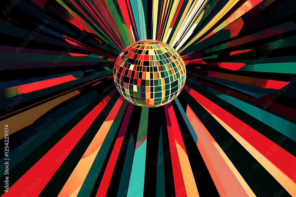Poster colorful abstract illustration of a disco ball surrounded by vibrant rays of light in a dynamic sett