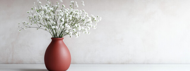 Elegant red vase filled with delicate white flowers against a textured pale background, capturing simplicity and beauty.