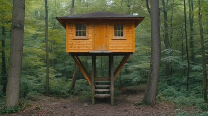 Naklejka premium Wooden treehouse in forest, tranquil scene, nature, outdoors, relaxing, peaceful