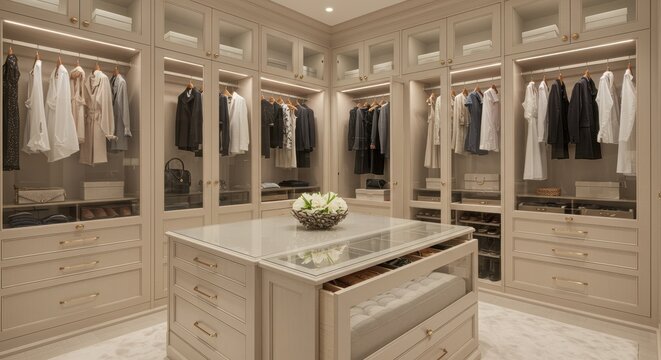 Luxury Walk-In Closet Interior with Custom Cabinetry and Marble Island