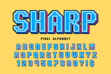 Pixel stylized vector alphabet design. High contrast and sharp, retro-futuristic.