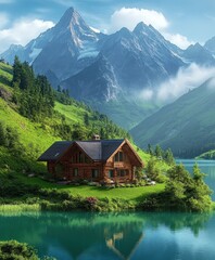 Naklejka premium Cozy Wooden Cabin by a Serene Mountain Lake