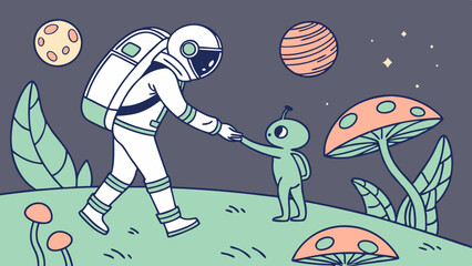Astronaut and Alien Making First Contact on a Mystical Planet