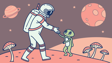 Astronaut and Alien Making First Contact on a Martian Landscape