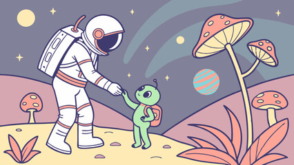 Astronaut and Alien Friend Reaching Out on a Cosmic Landscape