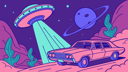 Retro-futuristic car under a UFO beam in a vibrant space landscape
