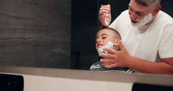 Bathroom, shaving and dad with child in home with foam for teaching hygiene, grooming and wellness. Family, bonding and happy father with son help with soap for morning routine, facial and learning