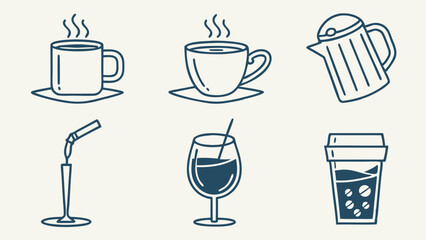 Simple Line Art Illustration of Various Beverages