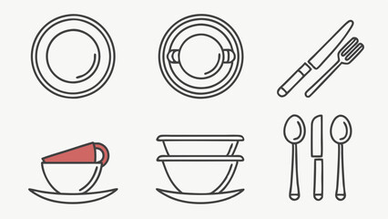 Simple Line Art Illustration of Various Dinnerware Items