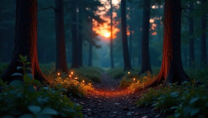 Fototapeta premium Flickering candlelight illuminates dancing shadows in a forest clearing at dusk , evening, twilight, ethereal