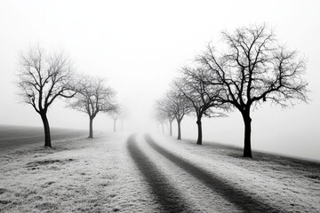 Black and white photo of a path next to trees