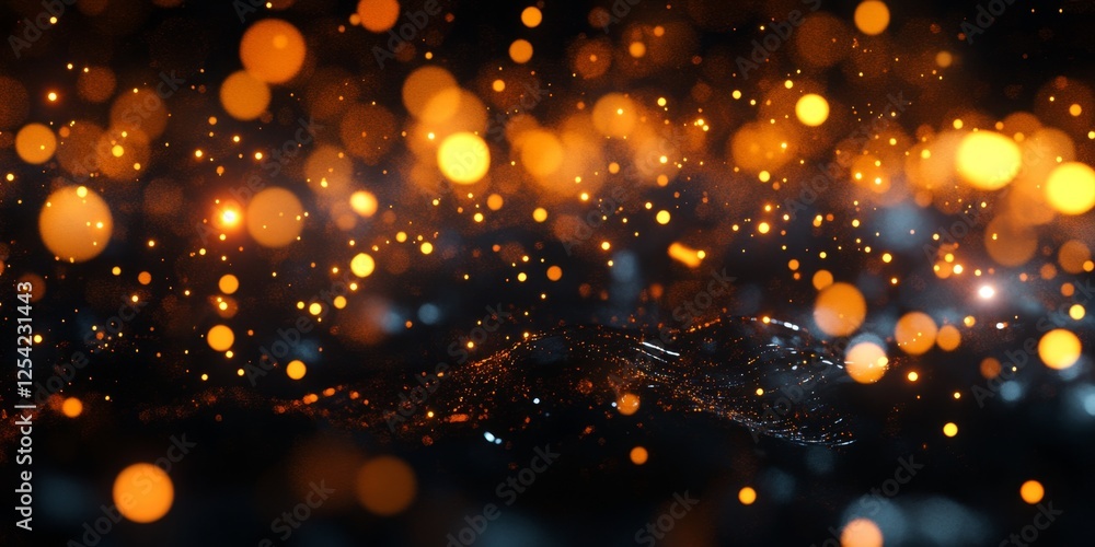 Poster golden bokeh lights sparkle over dark surface, background design