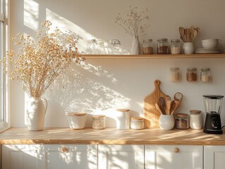Sunlit Serenity: A Modern Neutral Kitchen Showcasing Wooden Accents, Glass Jars, and Delicate Dried Flowers in a Clean and Minimalist Design.
