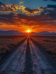 Sunset's Blaze: A Desert Road Leads to Radiant Skies as Golden Clouds and Distant Mountains Frame the Horizon, Casting an Ethereal Glow on the Landscape.