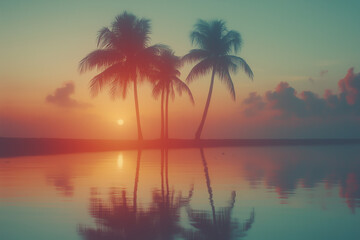 Vibrant evening beach scene with blue palm trees and orange sunset sky.
