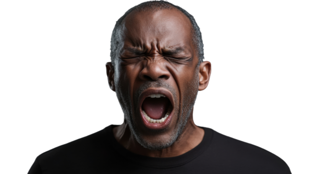 Stressed businessman screaming with closed eyes and transparent background