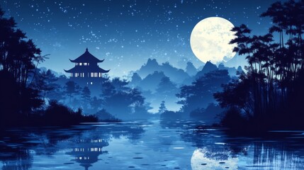 Fototapeta premium Pixel Art Night Landscape With Pagoda And Moon