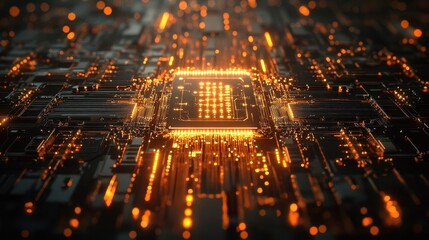 AI Technology Concept Featuring Microchip Circuitry with Dynamic Light Effects and Copy Space