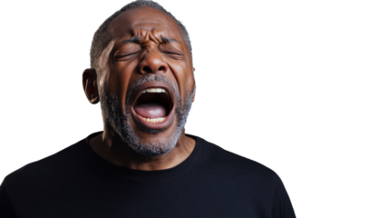Senior man screaming with closed eyes and transparent background