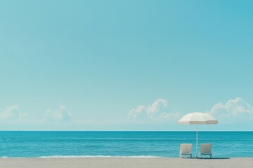 Obraz premium Relaxing beach getaway with a lounge chair and umbrella under clear blue sky and calm ocean waves. Generative AI