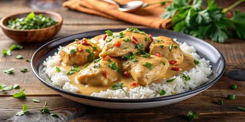 Chicken fricassee in a rich creamy sauce served over steaming hot basmati rice with fresh herbs on top , chicken, rice, chicken