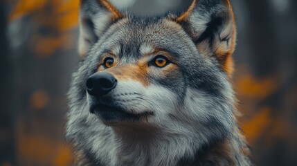 A majestic wolf gazes intently into the distance, showcasing its powerful presence and captivating golden eyes in a serene natural habitat setting