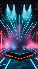 High-Tech Gaming Arena with Angular Podium and Dynamic LED Lights. Copy space. Generative AI