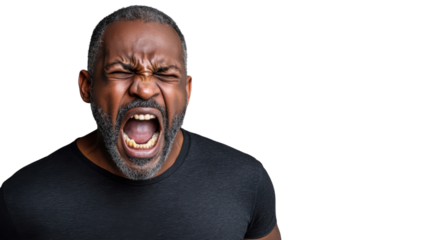 Angry man shouting with transparent background: studio portrait of frustrated african american male