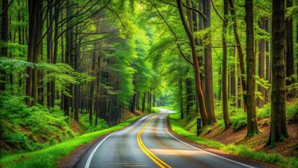 Fototapeta premium Forest Road Winding Through Trees, greenery, scenic drive , greenery, scenic drive