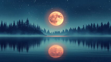 Fototapeta premium Red Moon Over Misty Lake and Forest