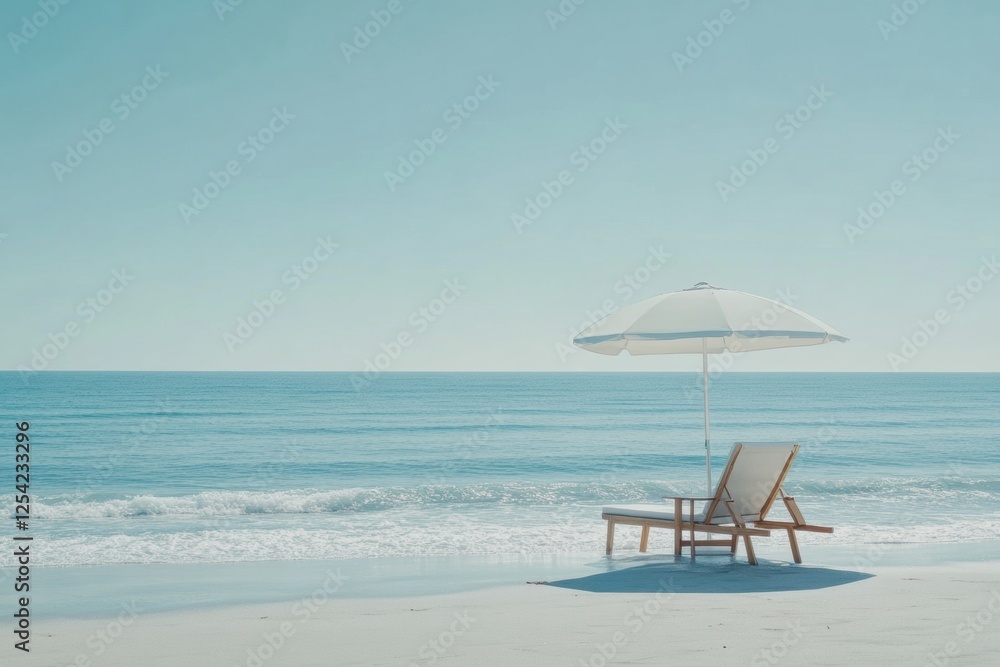 Poster relaxing beach setup with lounge chair and umbrella by calm ocean waves under clear blue sky. genera